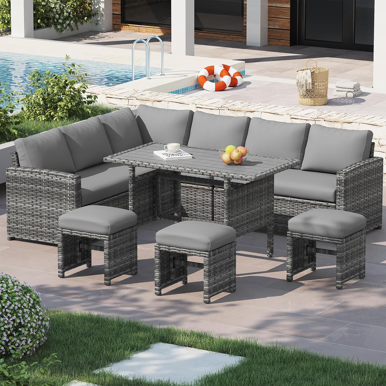 Outdoor Furniture Grey - 7-Piece Outdoor Wicker Sectional Sofa, All-Weather