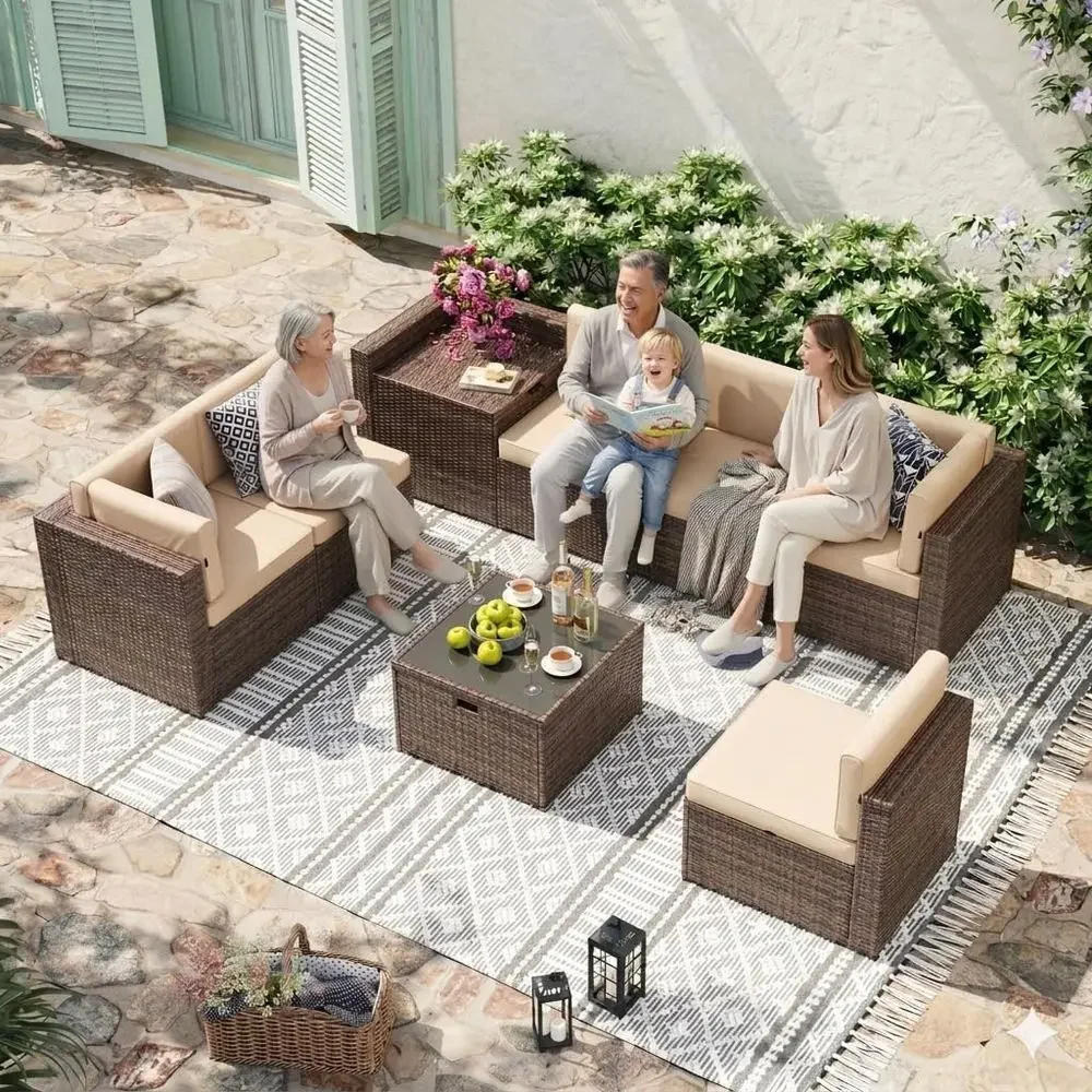 Outdoor Furniture With Storage For Cushions - 8-Piece Wicker Outdoor Furniture Set with
