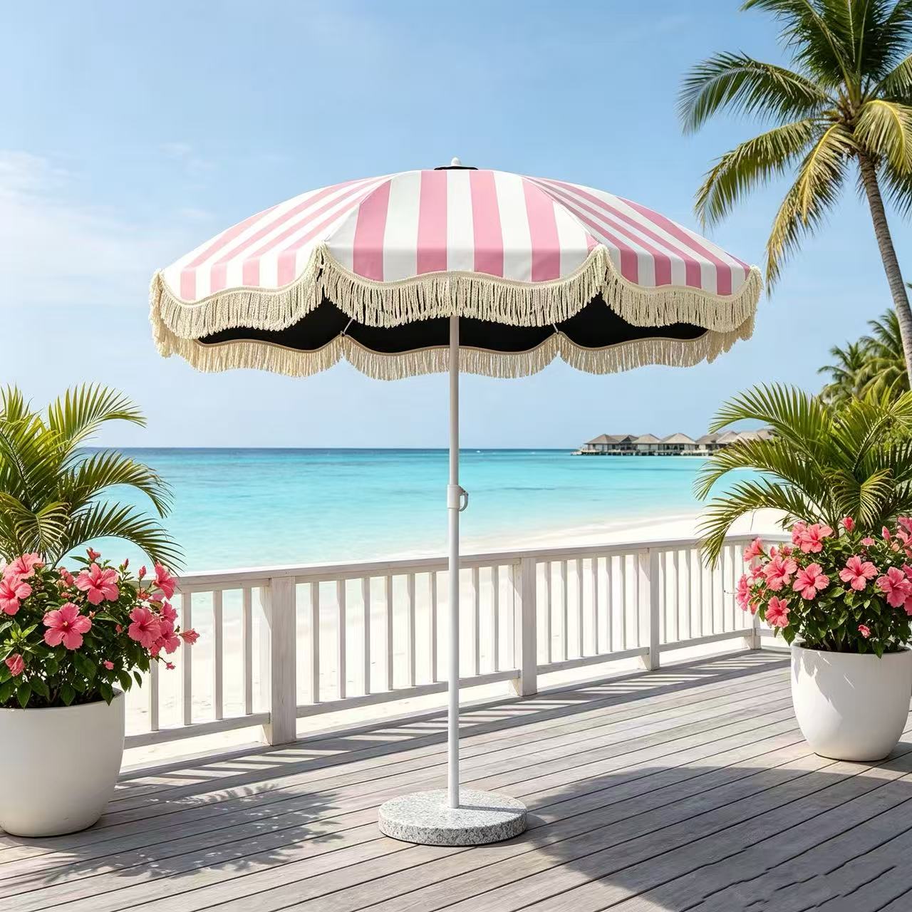 Outdoor Furniture Yellow - Striped Tassel Patio Umbrella, Pink White